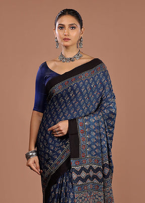 Blue Printed Pure Silk Saree Without Blouse Piece