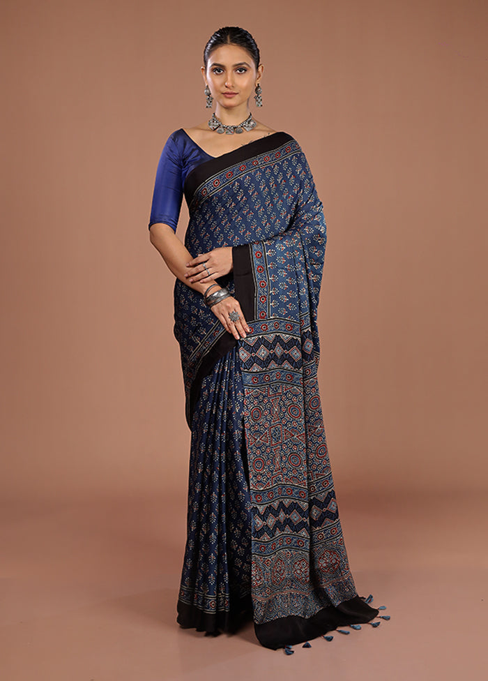 Blue Printed Pure Silk Saree Without Blouse Piece
