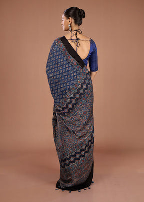 Blue Printed Pure Silk Saree Without Blouse Piece