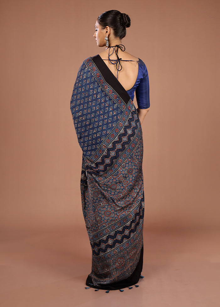 Blue Printed Pure Silk Saree Without Blouse Piece