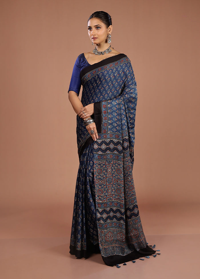 Blue Printed Pure Silk Saree Without Blouse Piece
