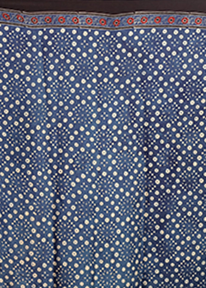 Blue Printed Pure Silk Saree Without Blouse Piece