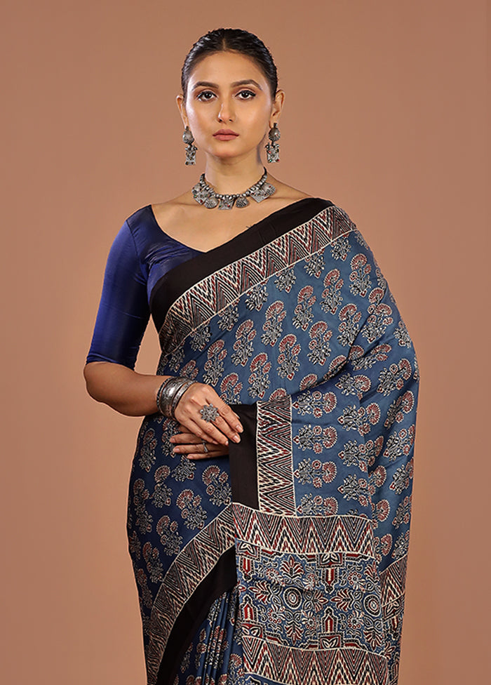 Blue Printed Pure Silk Saree Without Blouse Piece