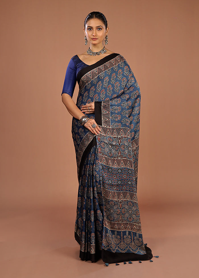 Blue Printed Pure Silk Saree Without Blouse Piece