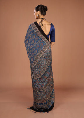 Blue Printed Pure Silk Saree Without Blouse Piece