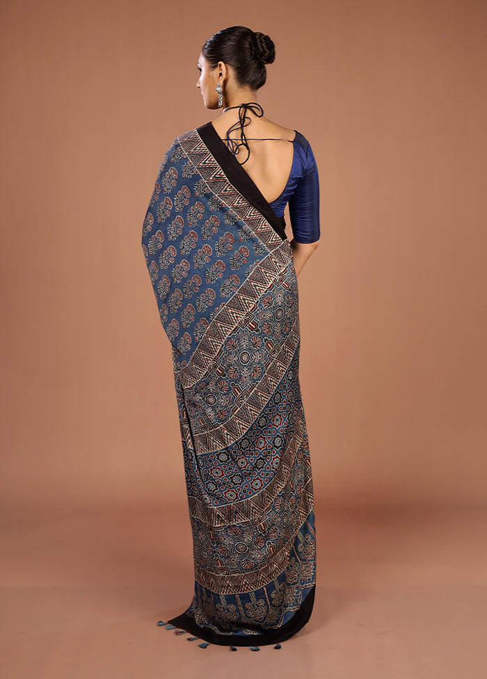 Blue Printed Pure Silk Saree Without Blouse Piece