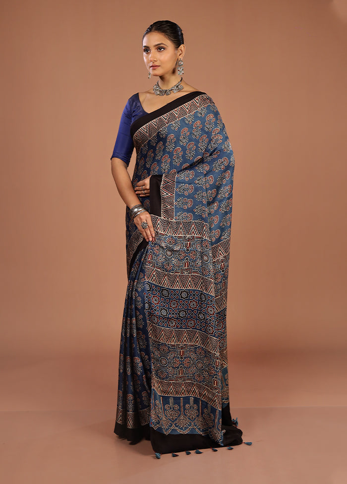 Blue Printed Pure Silk Saree Without Blouse Piece