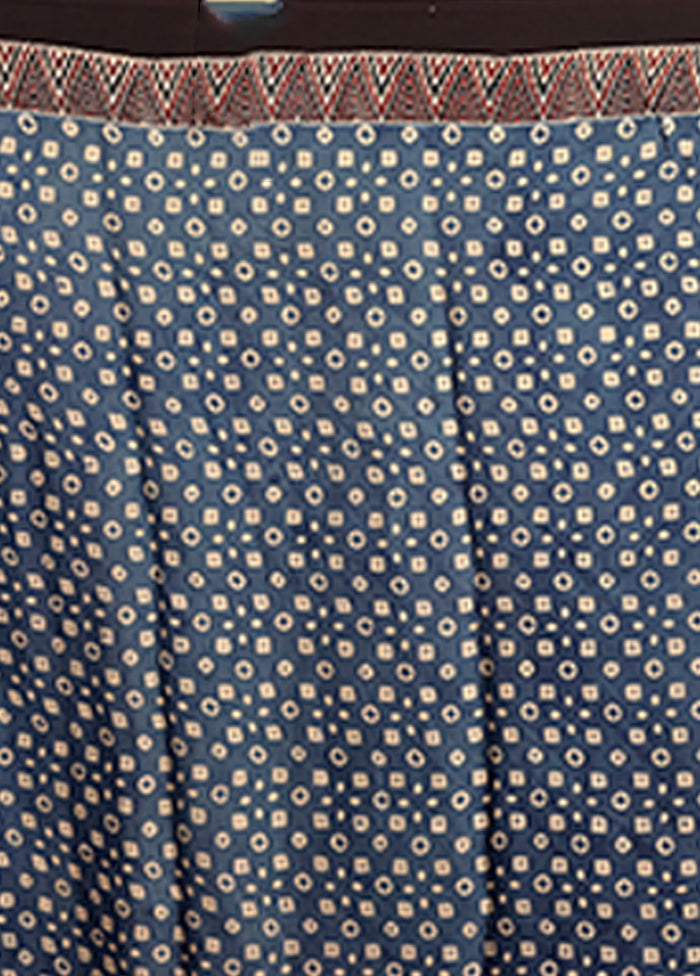 Blue Printed Pure Silk Saree Without Blouse Piece