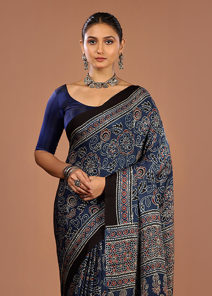 Blue Printed Pure Silk Saree Without Blouse Piece