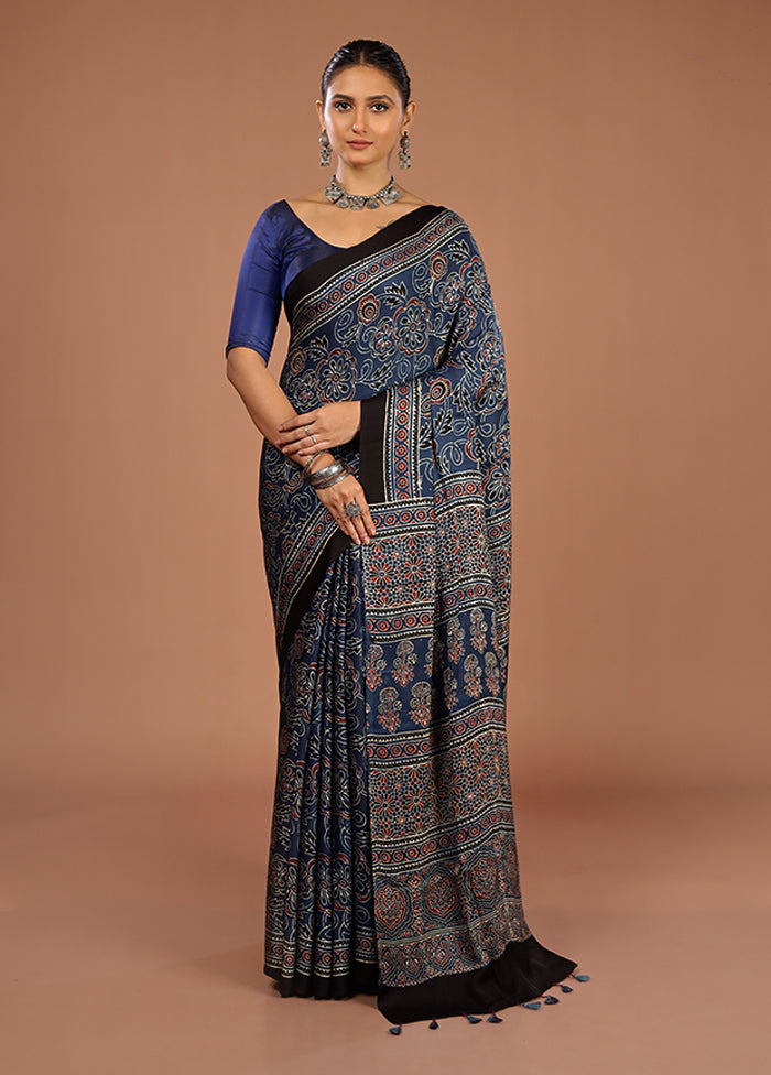 Blue Printed Pure Silk Saree Without Blouse Piece
