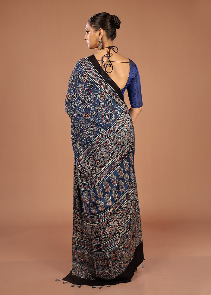 Blue Printed Pure Silk Saree Without Blouse Piece