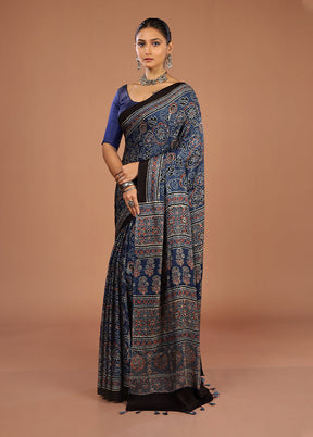 Blue Printed Pure Silk Saree Without Blouse Piece