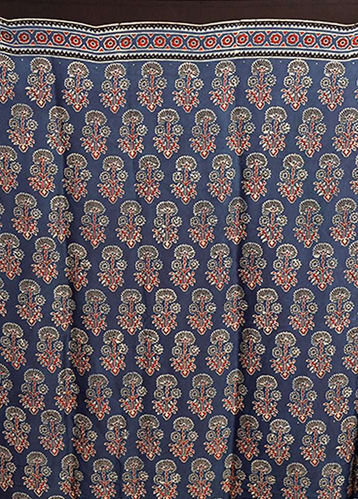 Blue Printed Pure Silk Saree Without Blouse Piece