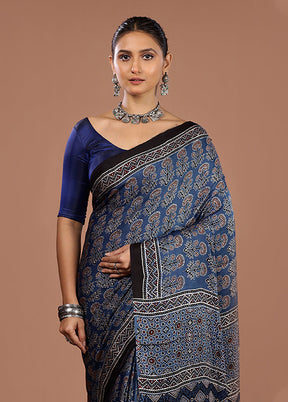 Blue Printed Pure Silk Saree Without Blouse Piece