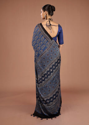 Blue Printed Pure Silk Saree Without Blouse Piece