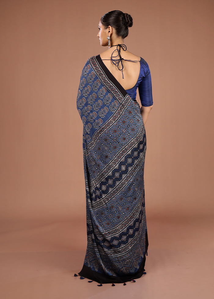 Blue Printed Pure Silk Saree Without Blouse Piece