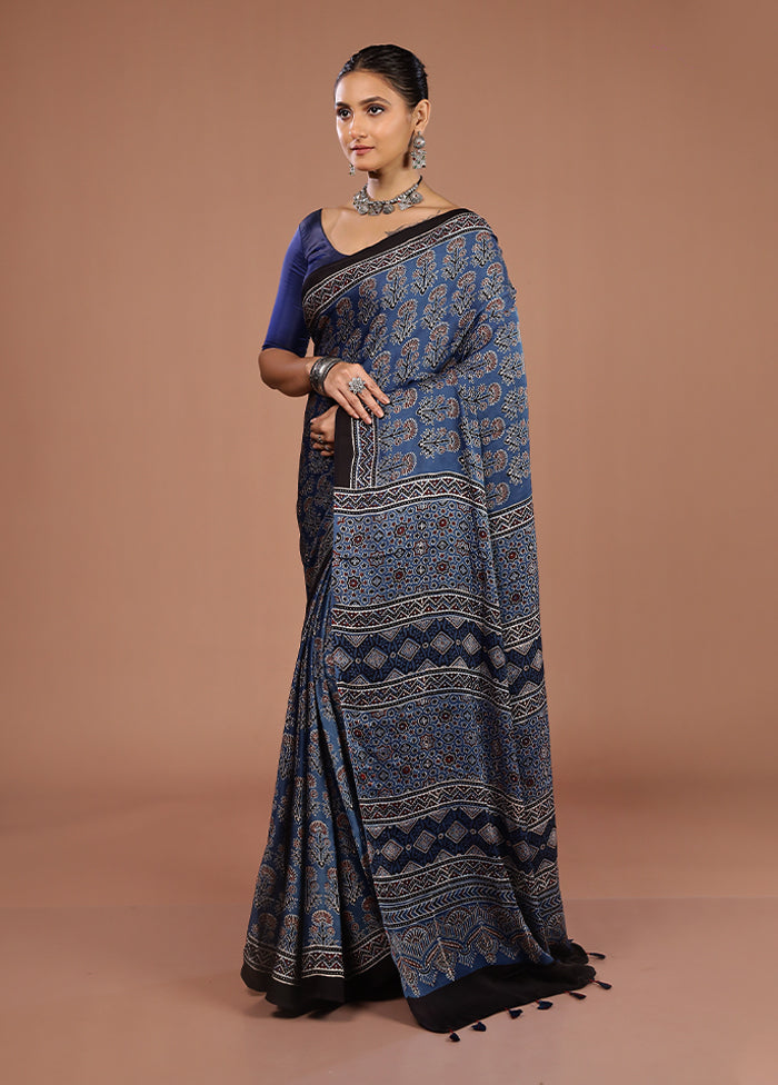 Blue Printed Pure Silk Saree Without Blouse Piece