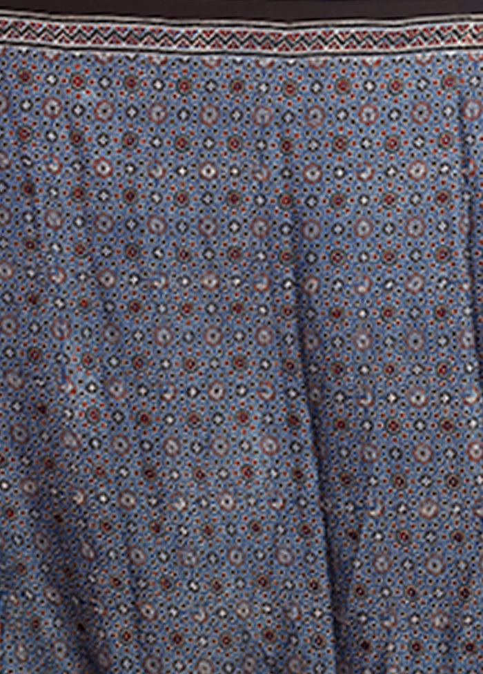 Blue Printed Pure Silk Saree Without Blouse Piece