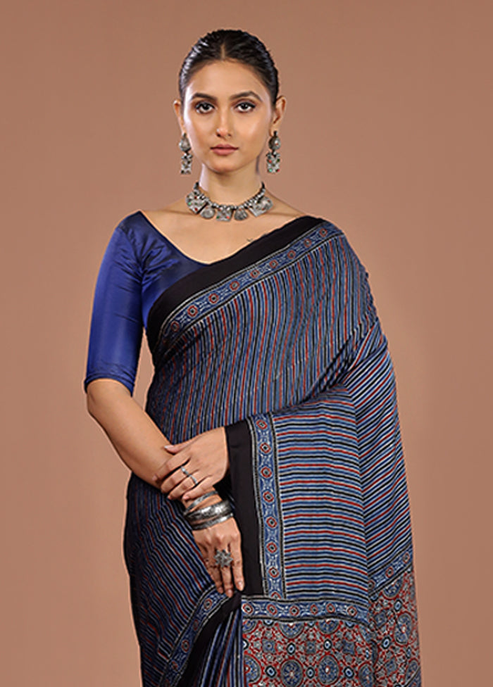 Blue Printed Pure Silk Saree Without Blouse Piece