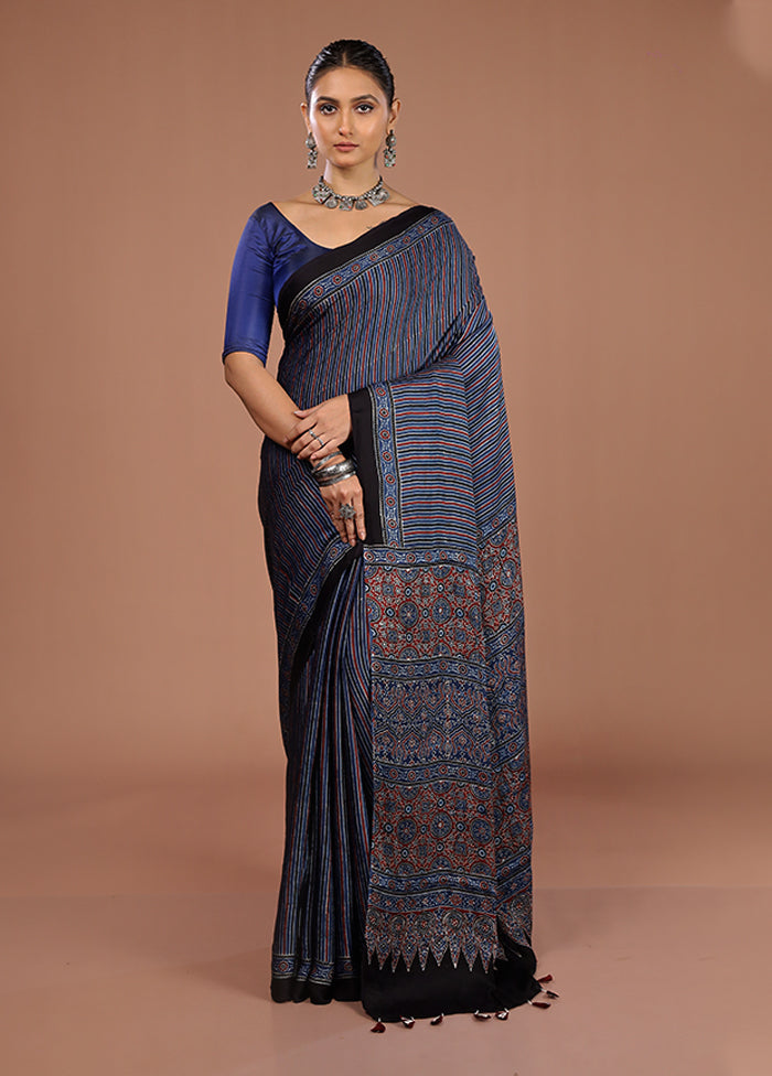 Blue Printed Pure Silk Saree Without Blouse Piece
