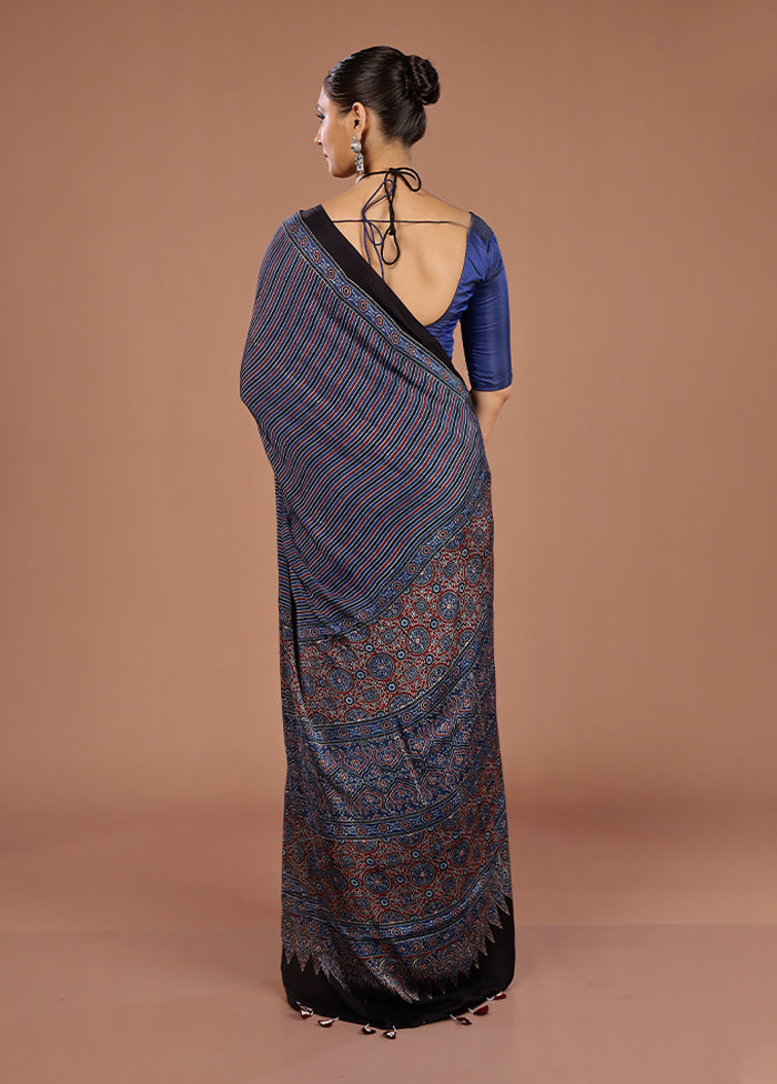 Blue Printed Pure Silk Saree Without Blouse Piece