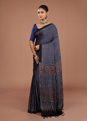Blue Printed Pure Silk Saree Without Blouse Piece