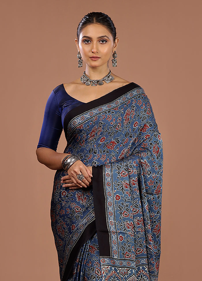 Blue Printed Pure Silk Saree Without Blouse Piece
