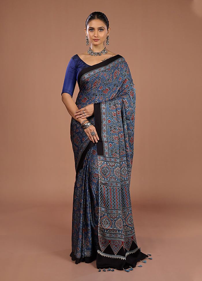 Blue Printed Pure Silk Saree Without Blouse Piece