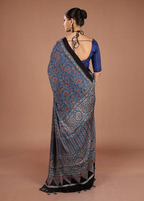 Blue Printed Pure Silk Saree Without Blouse Piece