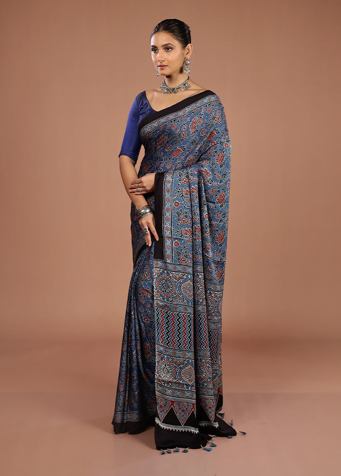 Blue Printed Pure Silk Saree Without Blouse Piece