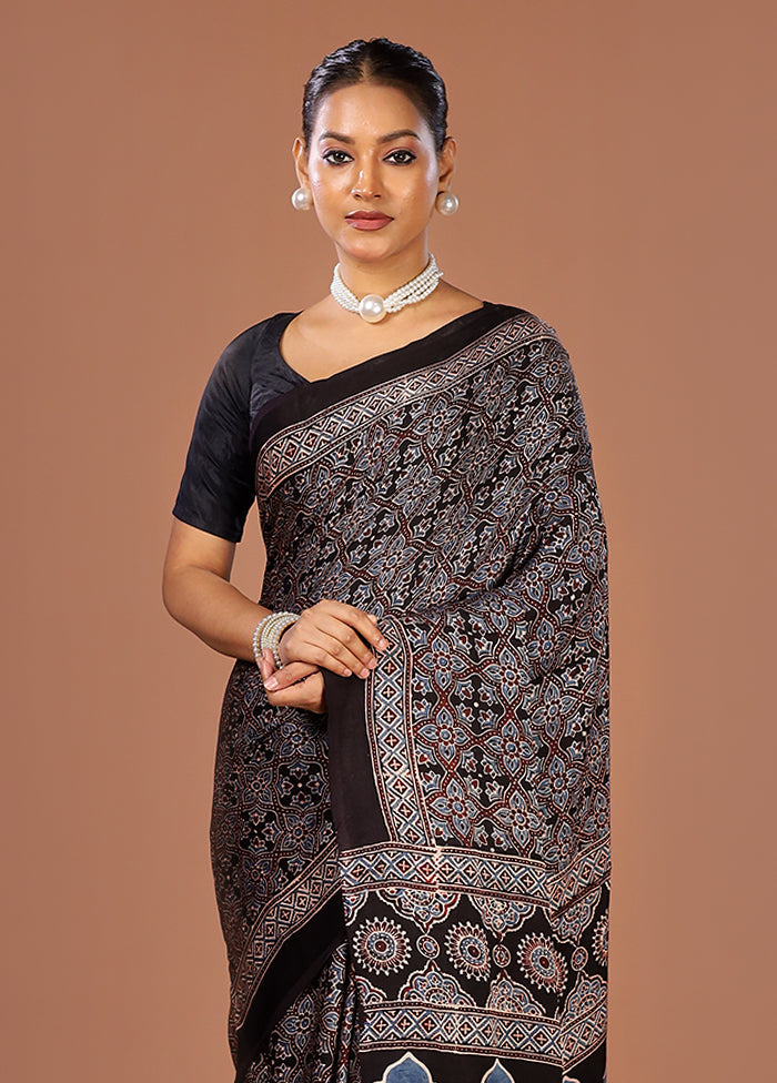 Black Printed Pure Silk Saree Without Blouse Piece