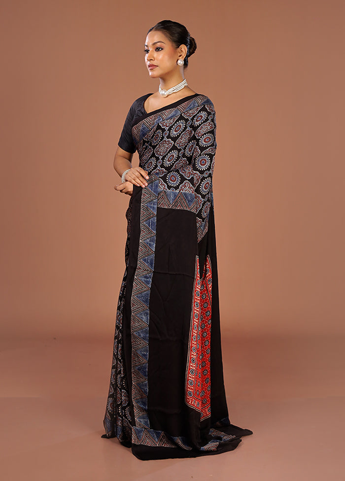 Black Printed Pure Silk Saree Without Blouse Piece