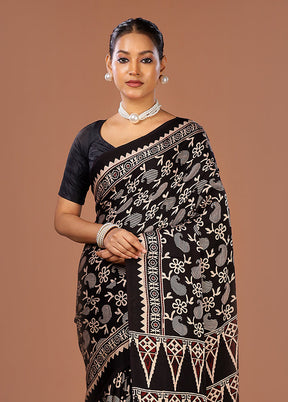 Black Printed Pure Silk Saree Without Blouse Piece