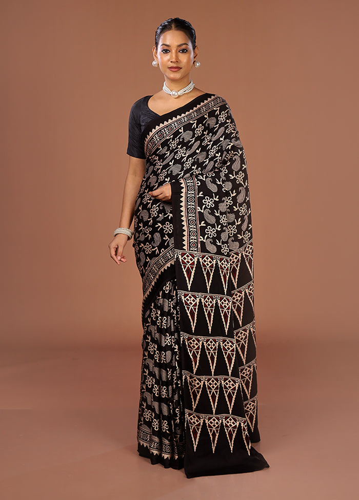 Black Printed Pure Silk Saree Without Blouse Piece