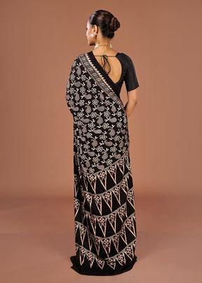 Black Printed Pure Silk Saree Without Blouse Piece
