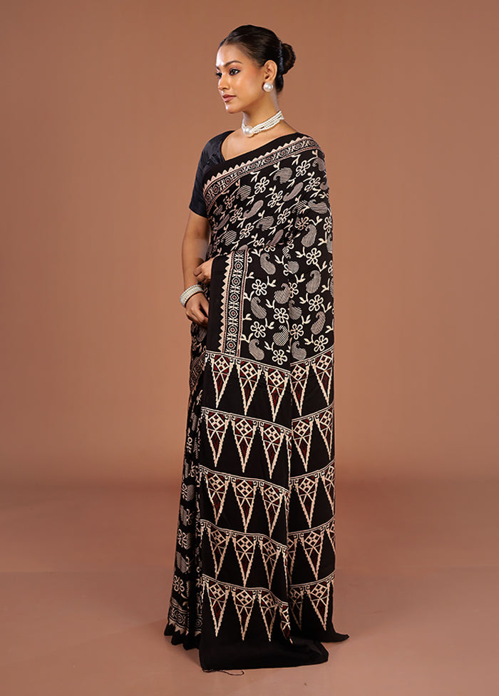 Black Printed Pure Silk Saree Without Blouse Piece