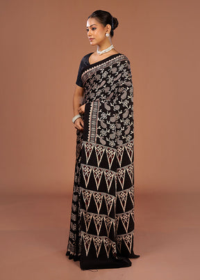 Black Printed Pure Silk Saree Without Blouse Piece