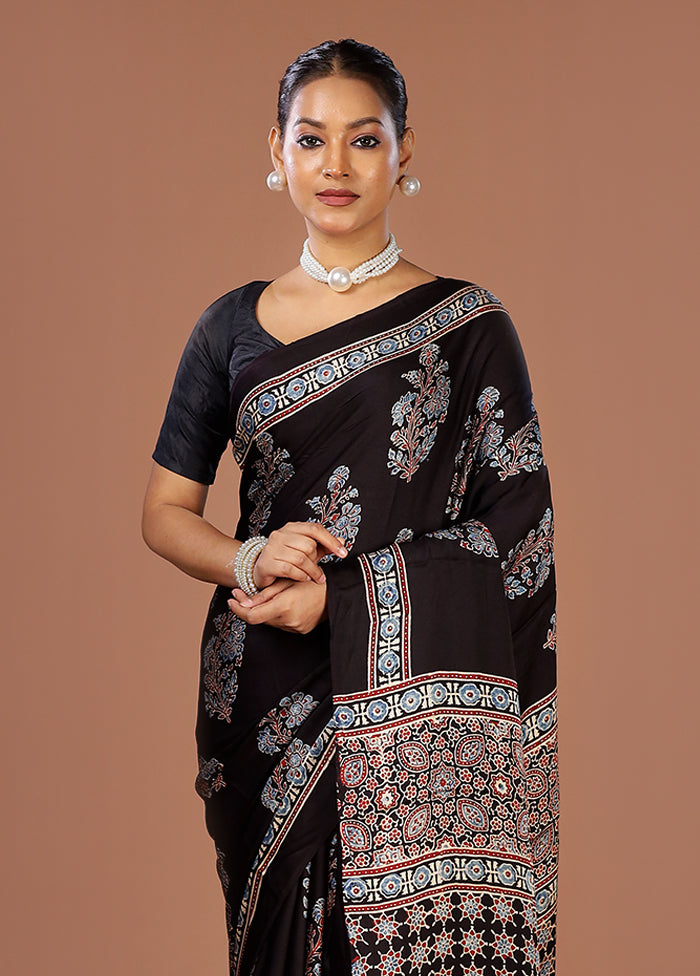 Black Printed Pure Silk Saree Without Blouse Piece