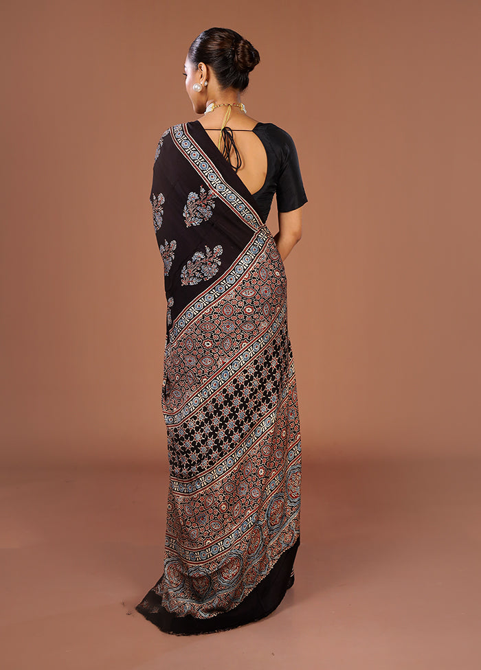 Black Printed Pure Silk Saree Without Blouse Piece