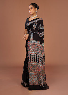 Black Printed Pure Silk Saree Without Blouse Piece