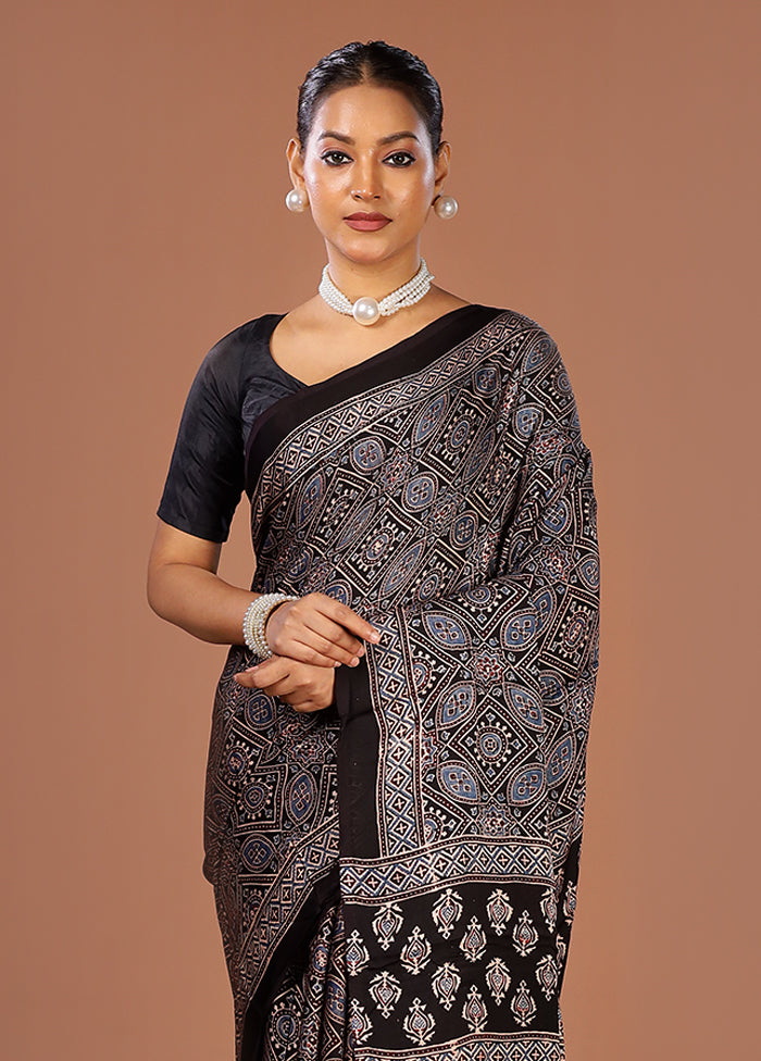 Black Printed Pure Silk Saree Without Blouse Piece