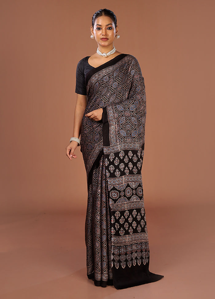 Black Printed Pure Silk Saree Without Blouse Piece