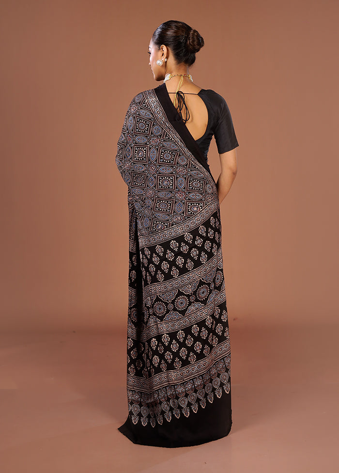 Black Printed Pure Silk Saree Without Blouse Piece