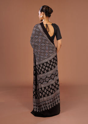 Black Printed Pure Silk Saree Without Blouse Piece