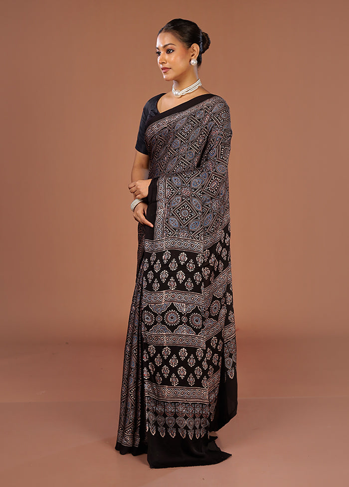 Black Printed Pure Silk Saree Without Blouse Piece