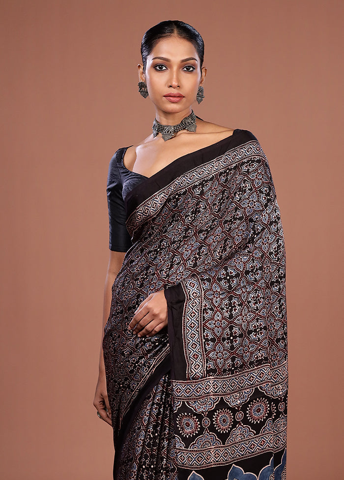 Black Printed Pure Silk Saree Without Blouse Piece