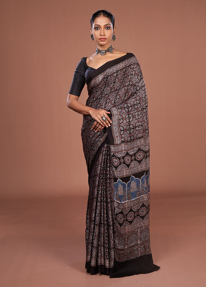 Black Printed Pure Silk Saree Without Blouse Piece