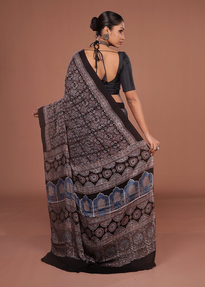 Black Printed Pure Silk Saree Without Blouse Piece