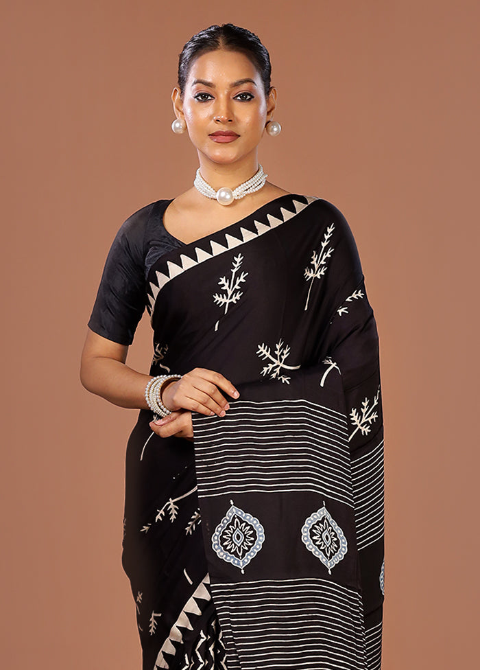 Black Printed Pure Silk Saree Without Blouse Piece