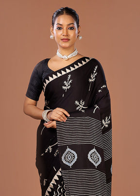 Black Printed Pure Silk Saree Without Blouse Piece